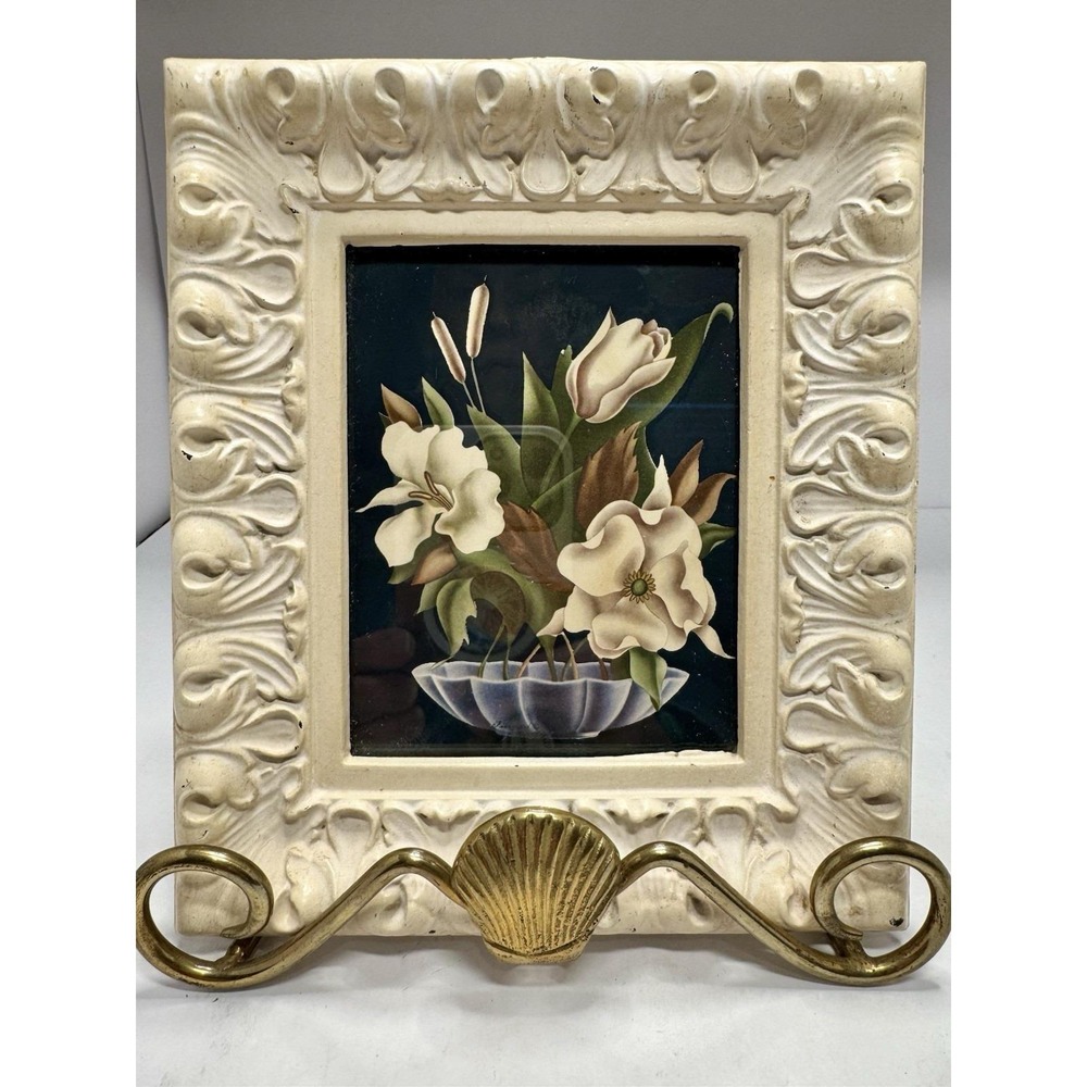 VTG‎ Turner 1950s Ivory Floral Lithograph Framed Artwork Flowers Boho Retro 6x7"